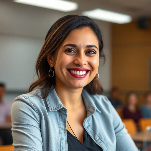 Instructora experta de oratoria, Elena Ramirez, sonriendo durante una clase.